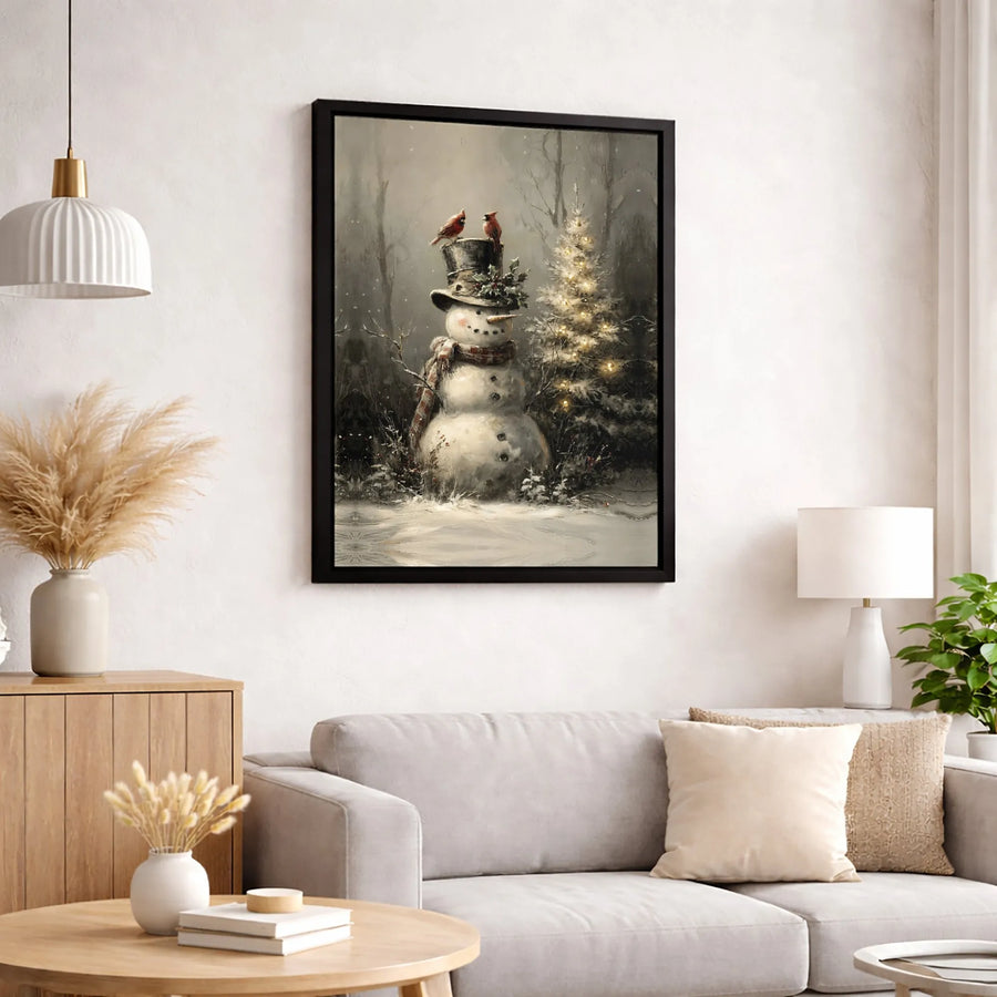 Vintage Snowman Canvas Wall Art | Red Cardinal Christmas Tree Decor | Premium Gallery Wrap Print | Festive Holiday Home Decor Gift