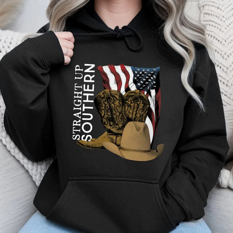 Straight Up Southern Hoodie | American Flag Cowboy Boots & Hat Graphic | Premium Cotton Blend | Patriotic Country Gift for Men & Women