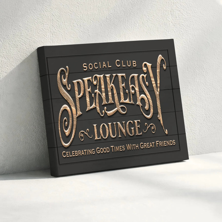 Speakeasy Lounge Canvas Wall Art | Vintage Social Club Sign with 3D Wood Effect Print | Premium Gallery Wrapped Canvas | Home Bar or Man Cave Decor Gift