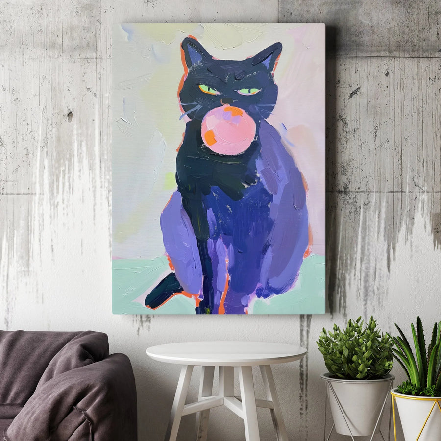 Black Cat Bubble Gum Canvas Wall Art | Funny Moody Animal Painting Print | Thick Gallery Wrap Canvas | Collector's Gift for Cat Lover