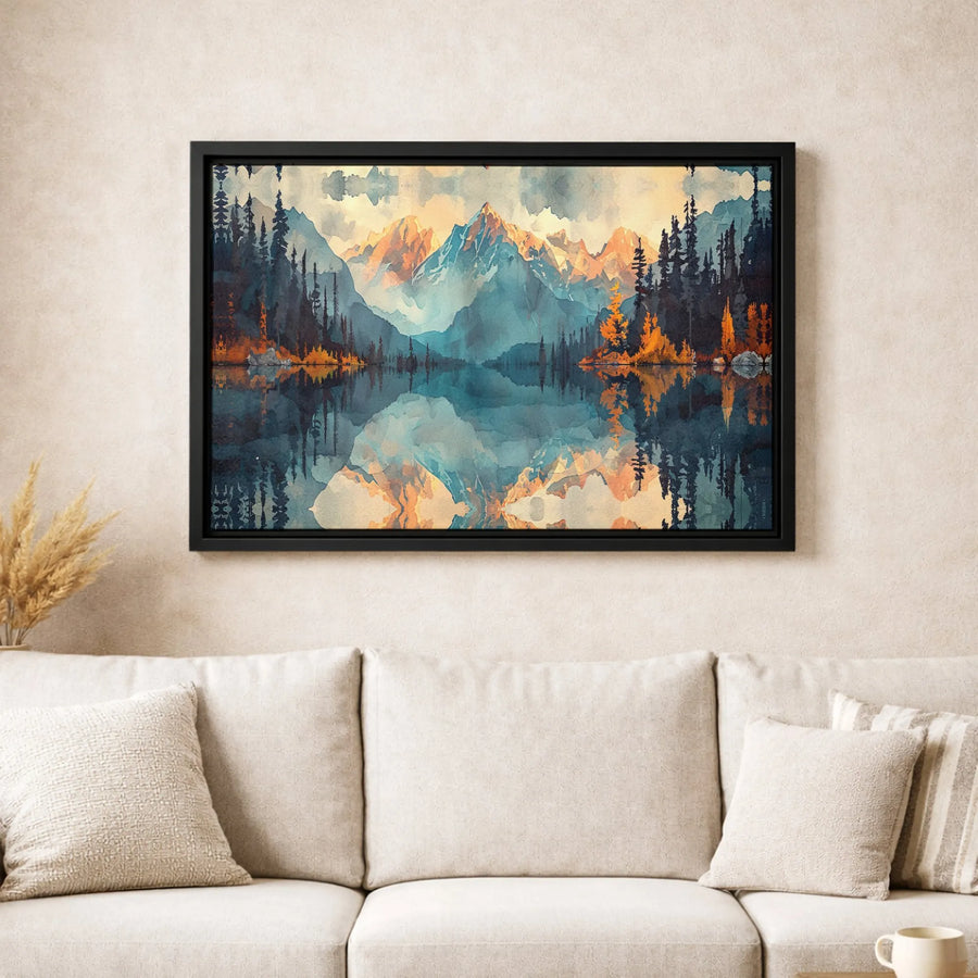 Mountain Landscape Wall Art | Watercolor Lake Reflection Canvas | Premium Gallery Wrapped Print | Modern Nature Decor for Home and Office