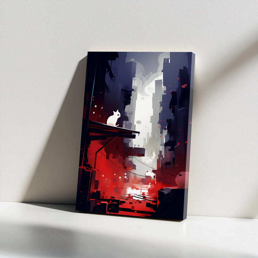 White Cat Canvas Wall Art | Cyberpunk Dystopian Cityscape Print | Gallery Wrapped Premium Decor | Modern Minimalist Gift For Cat Lovers