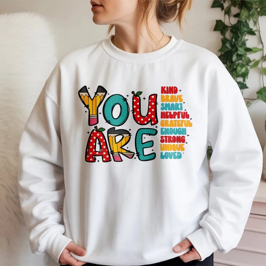 You Are Kind Teacher Sweatshirt | Retro School Doodles Graphic | Premium Cotton Blend | Inspirational Gift for Teachers and Educators