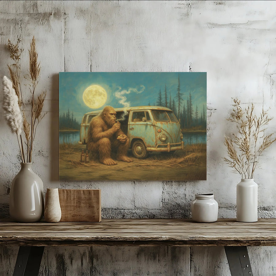 Bigfoot Smoking Pipe Wall Art | Rustic Vintage Van Full Moon Landscape | Premium Gallery-Wrapped Canvas | Unique Forest Cabin Home Decor Gift