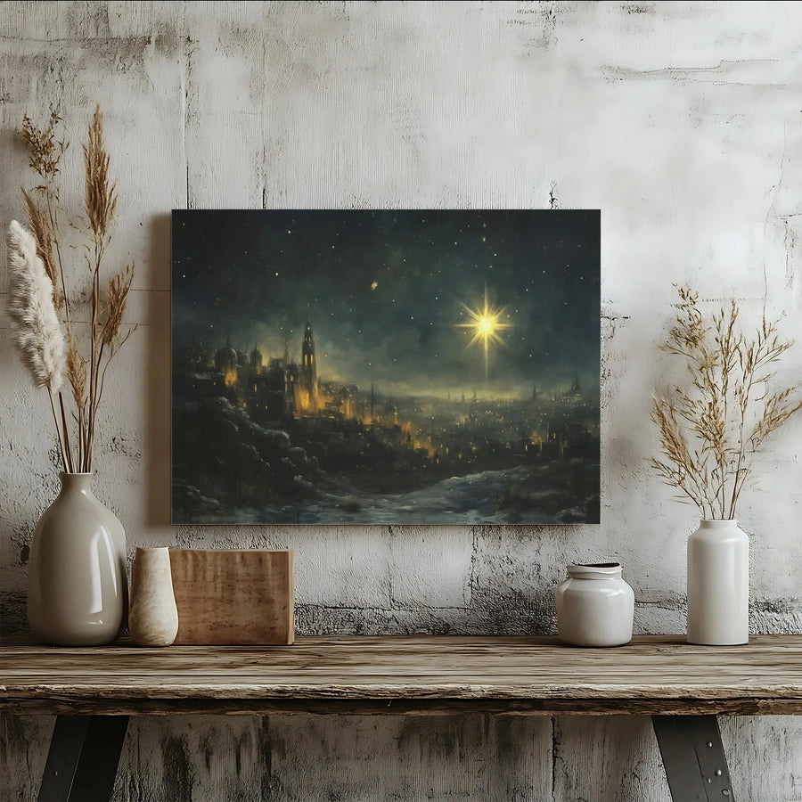 Star of Bethlehem Wall Art | Winter Cityscape Night Sky | Premium Gallery Wrapped Canvas | Religious Christmas Decor for Home & Living Room