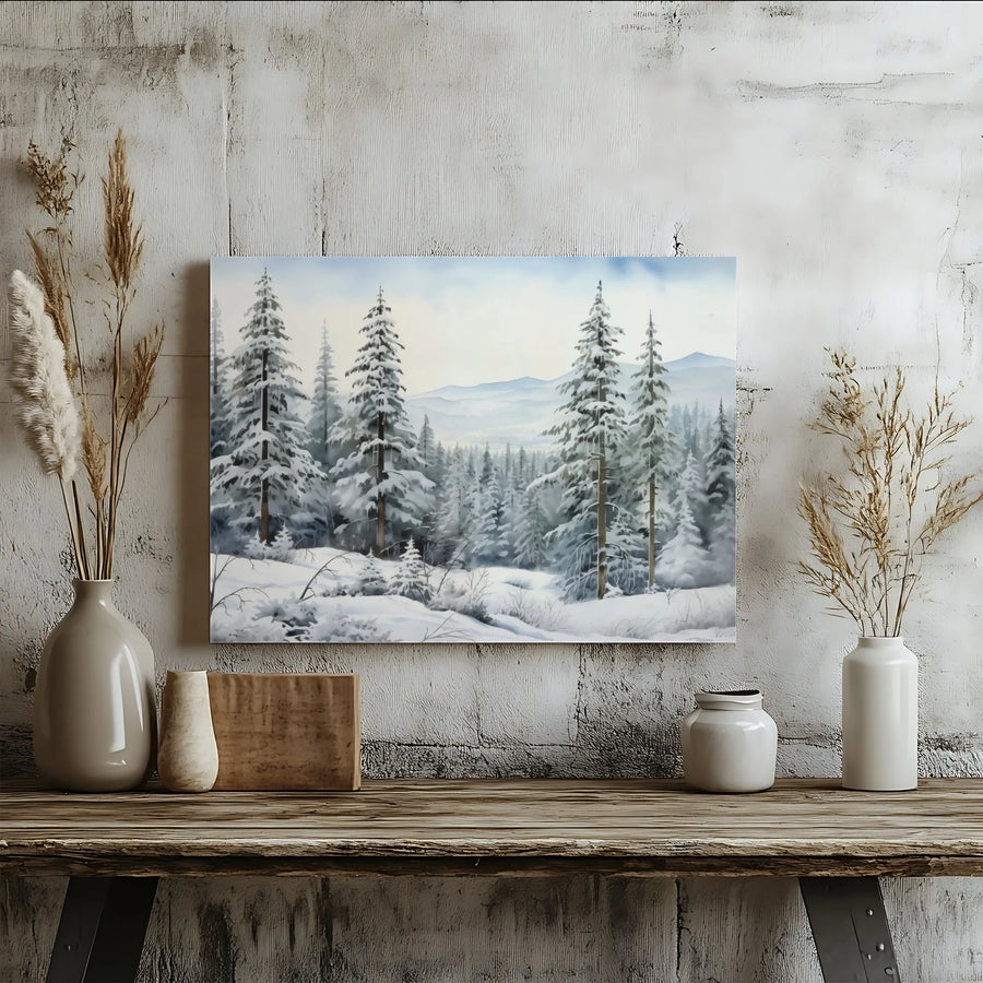 Winter Forest Canvas Wall Art | Snowy Pine Landscape Painting | Premium Gallery Wrap 1.25" Frame | Peaceful Holiday Home Decor Gift