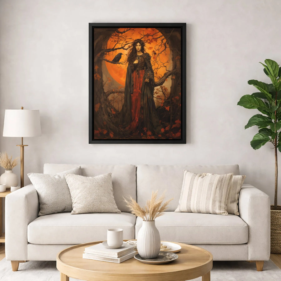 Gothic Witch Canvas Wall Art | Raven and Orange Harvest Moon Design | Premium Gallery-Wrapped Print | Dark Academia Witchy Home Decor Gift