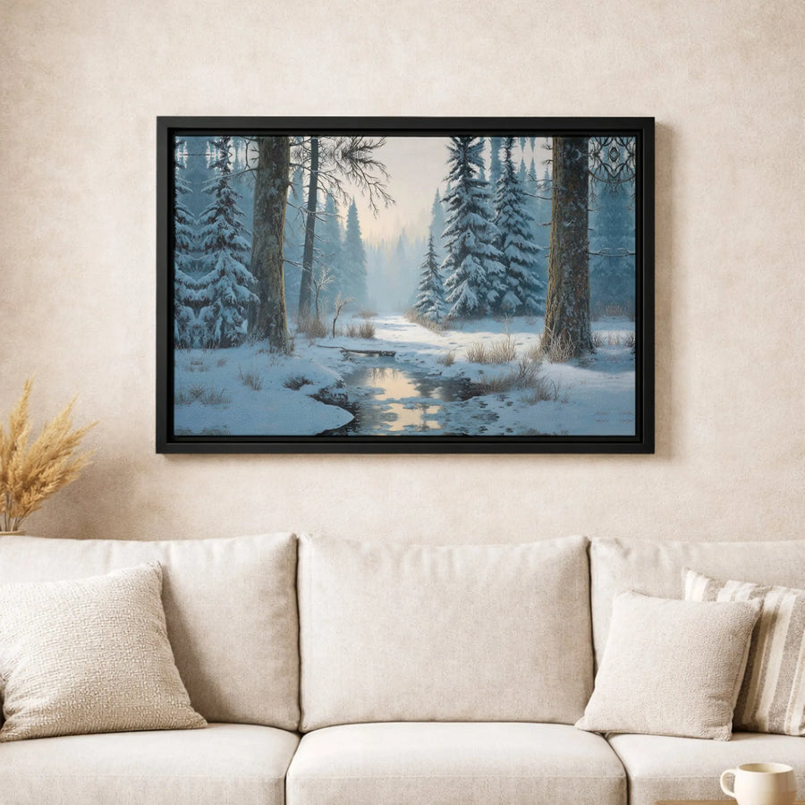 Winter Forest Canvas Print | Snowy Pine Trees & Frozen Creek Landscape | Gallery Wrapped 1.25" Profile | Serene Nature Wall Art for Home Decor