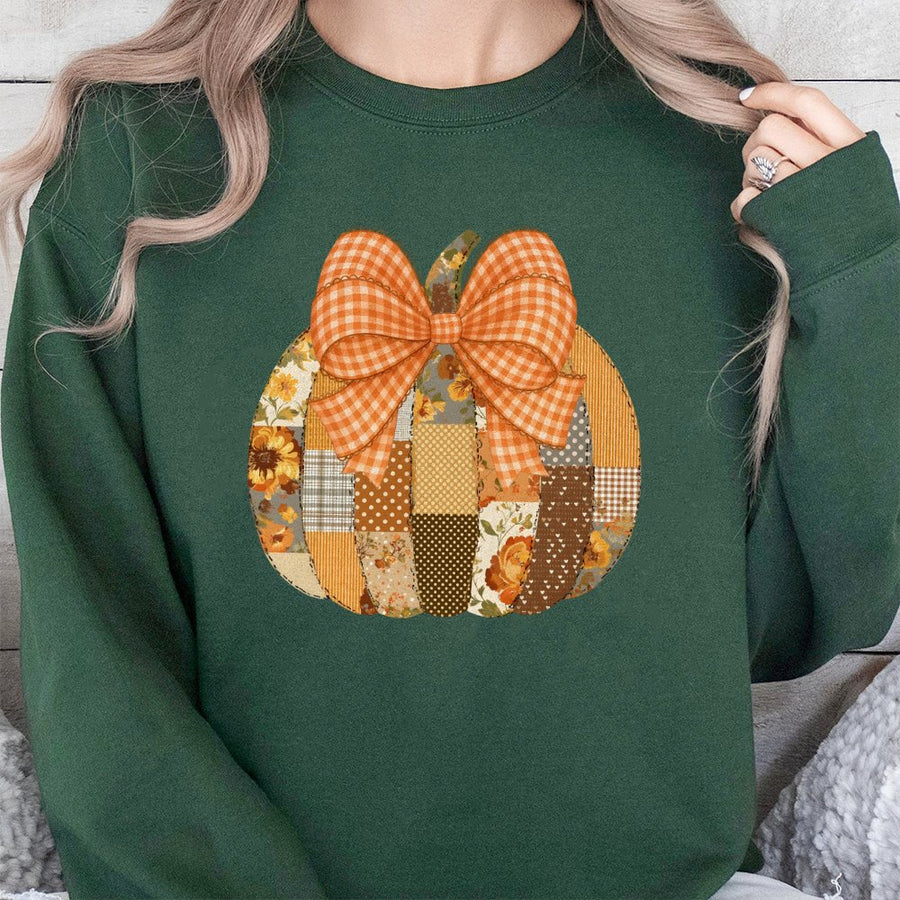 Floral Patchwork Pumpkin Sweatshirt | Preppy Coquette Autumn Graphic Tee | Cozy Cotton Blend | Fall Aesthetic Gift For Her