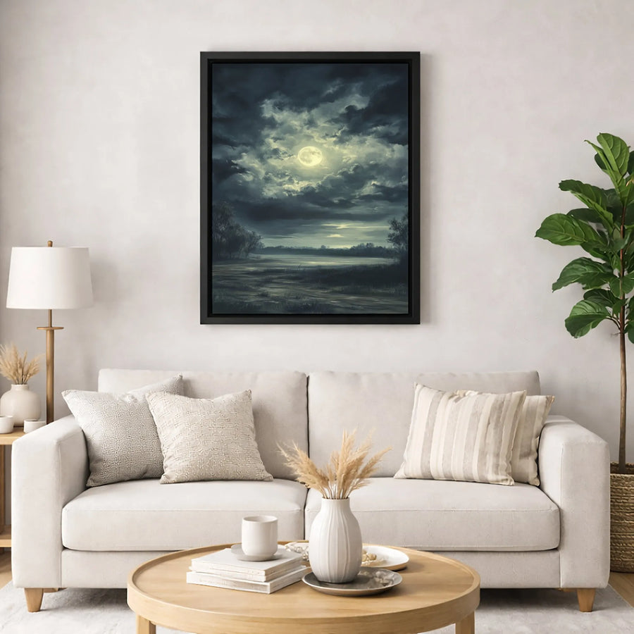 Moody Moonlit Landscape Canvas | Dark Night Cloud Reflection Wall Art | Premium Gallery-Wrapped Print | Modern Atmospheric Home Decor