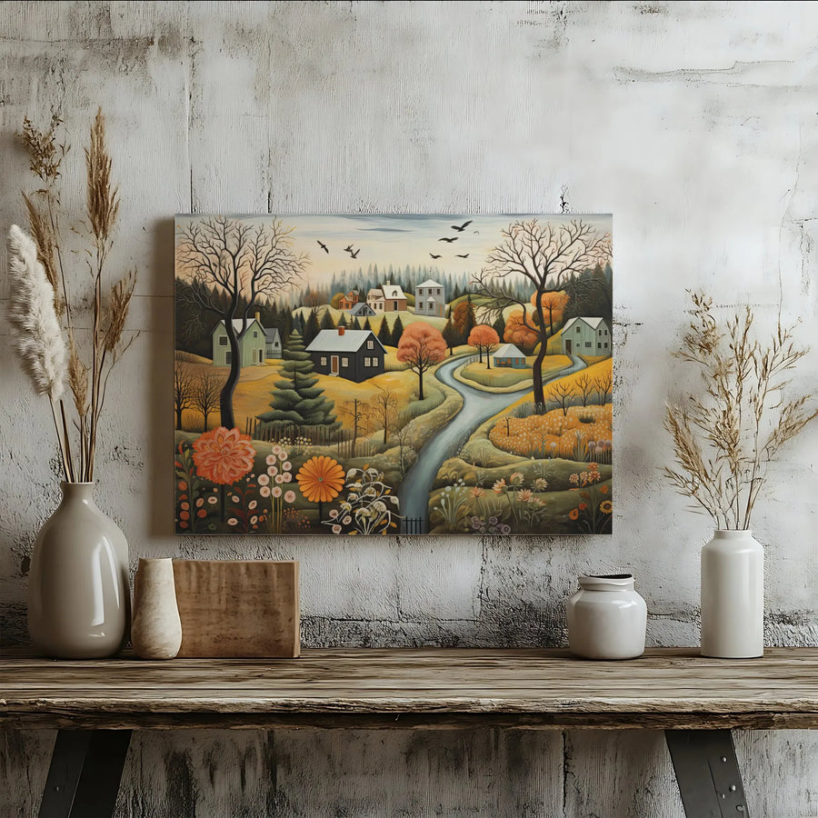 Folk Art Autumn Village Canvas Print | Pastoral Countryside Landscape Wall Art | Premium Gallery-Wrapped 1.25" Profile | Seasonal Home Decor Gift