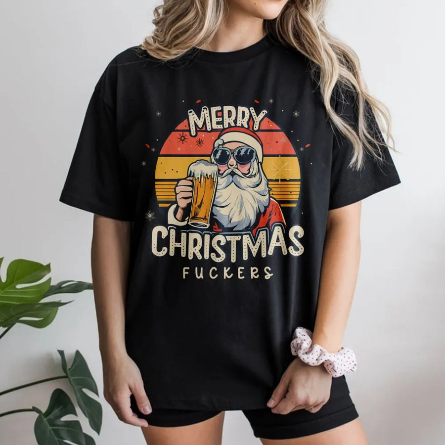 Funny Christmas T-Shirt | Retro Santa Drinking Beer Graphic | Premium Cotton Unisex Tee | Sarcastic Rude Holiday Gift for Adults