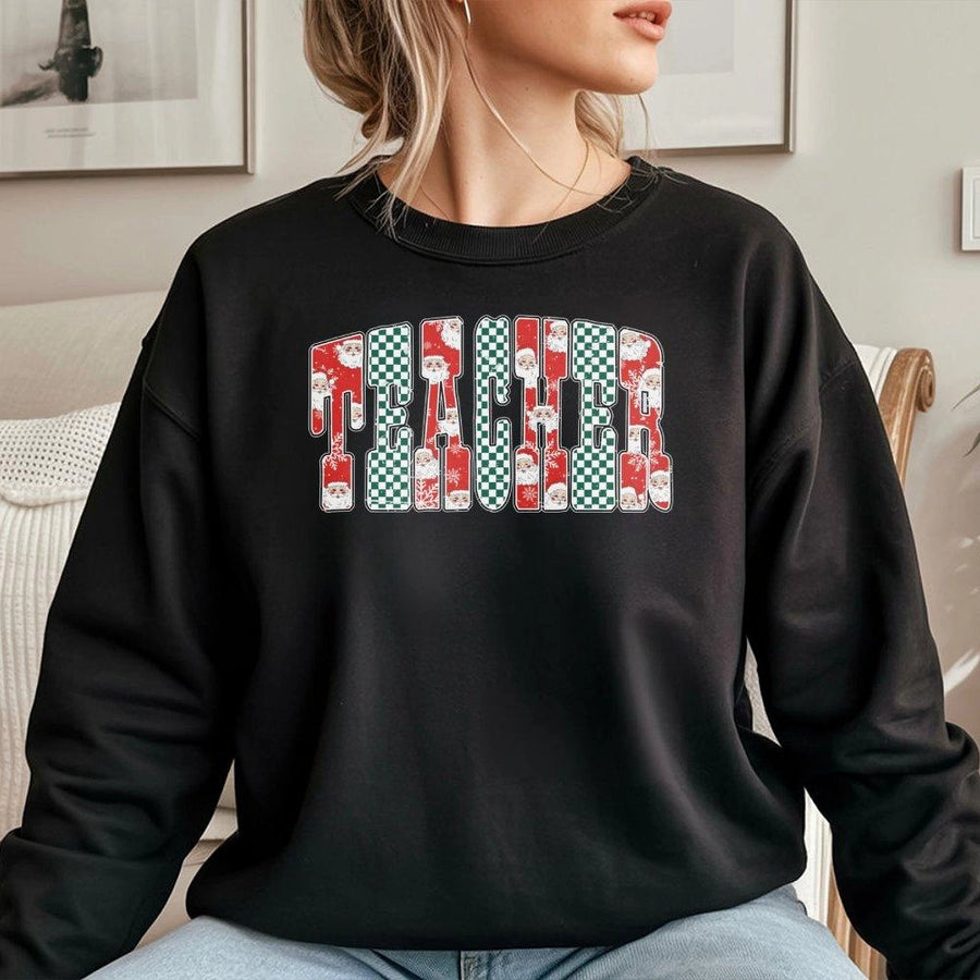 Teacher Christmas Sweatshirt | Santa Claus Checkered Print | Premium Cotton Blend Crewneck | Festive Holiday Gift for Teachers and Educators