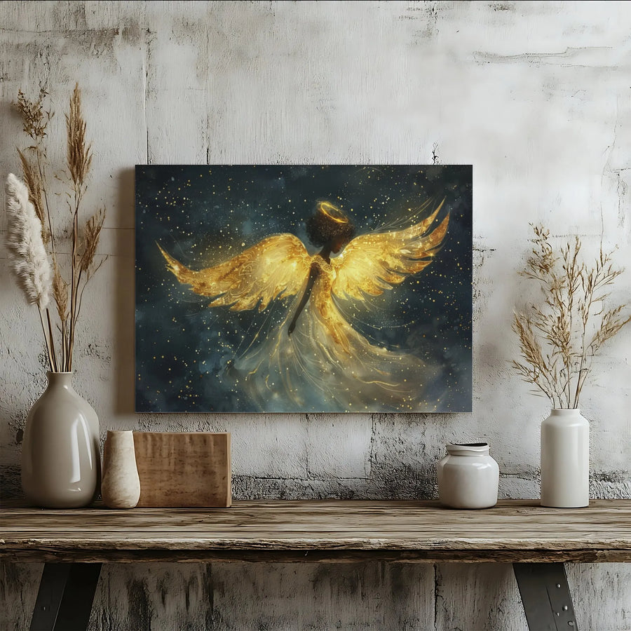 Black Angel Wall Art | Ethereal Gold Wings Guardian Angel Decor | Premium Gallery-Wrapped Canvas | Spiritual Home Gift for Her