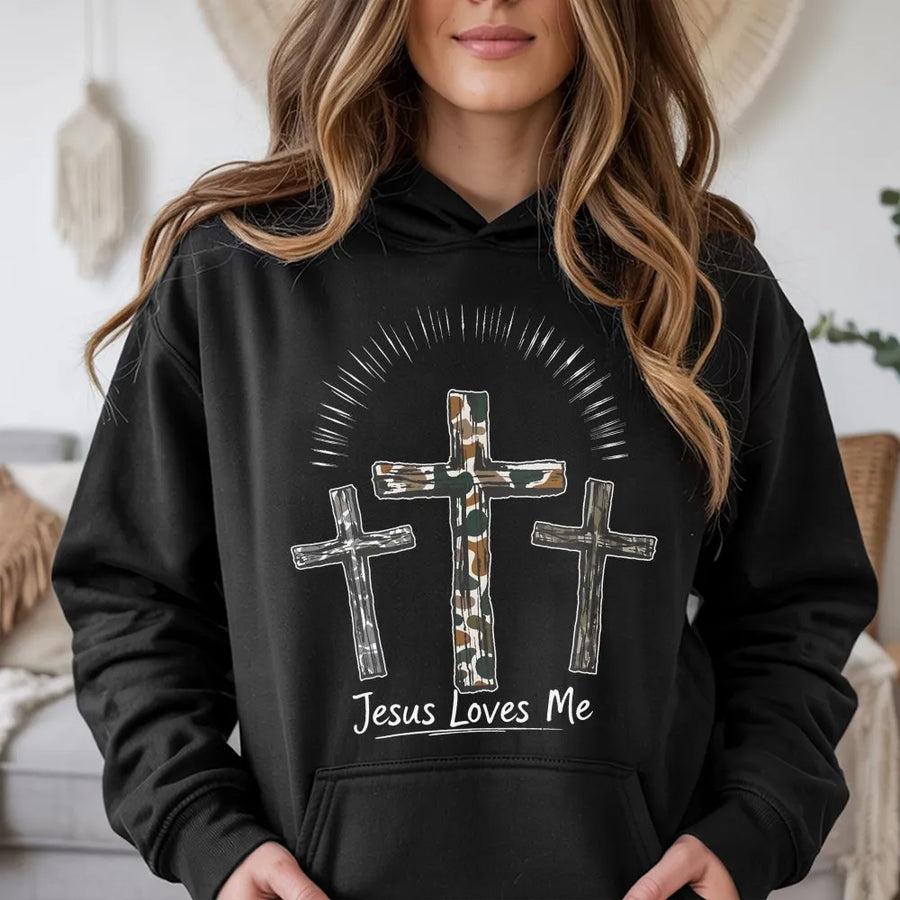 Jesus Loves Me Camo Cross Hoodie | Faith Inspired Religious Apparel | Premium Soft Cotton Blend | Christian Gift for Men and Women