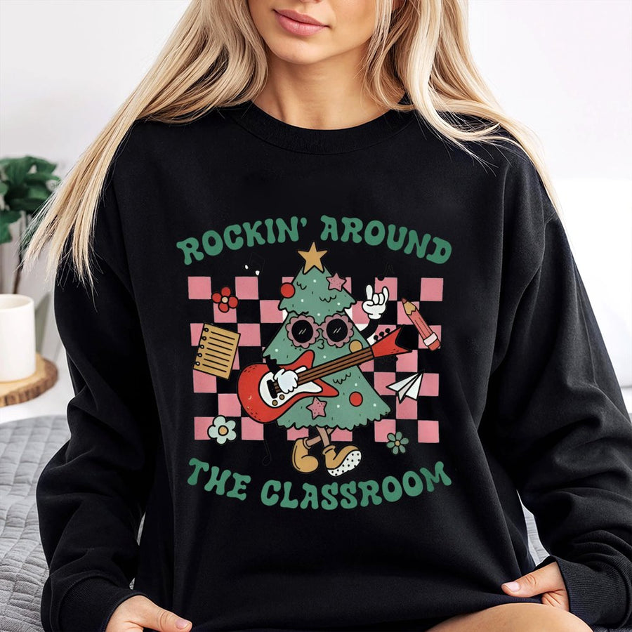 Rockin Around The Classroom Sweatshirt | Retro Christmas Tree Guitar Design | Premium Cotton Blend | Funny Teacher Holiday Gift