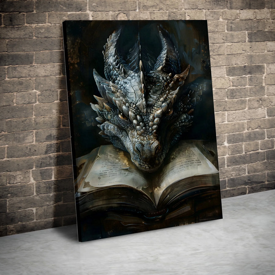 Fantasy Dragon Vertical Canvas | Mythical Creature Reading Ancient Book Art | Premium Gallery Wrapped Canvas | Collector's Gift for Fantasy Reader