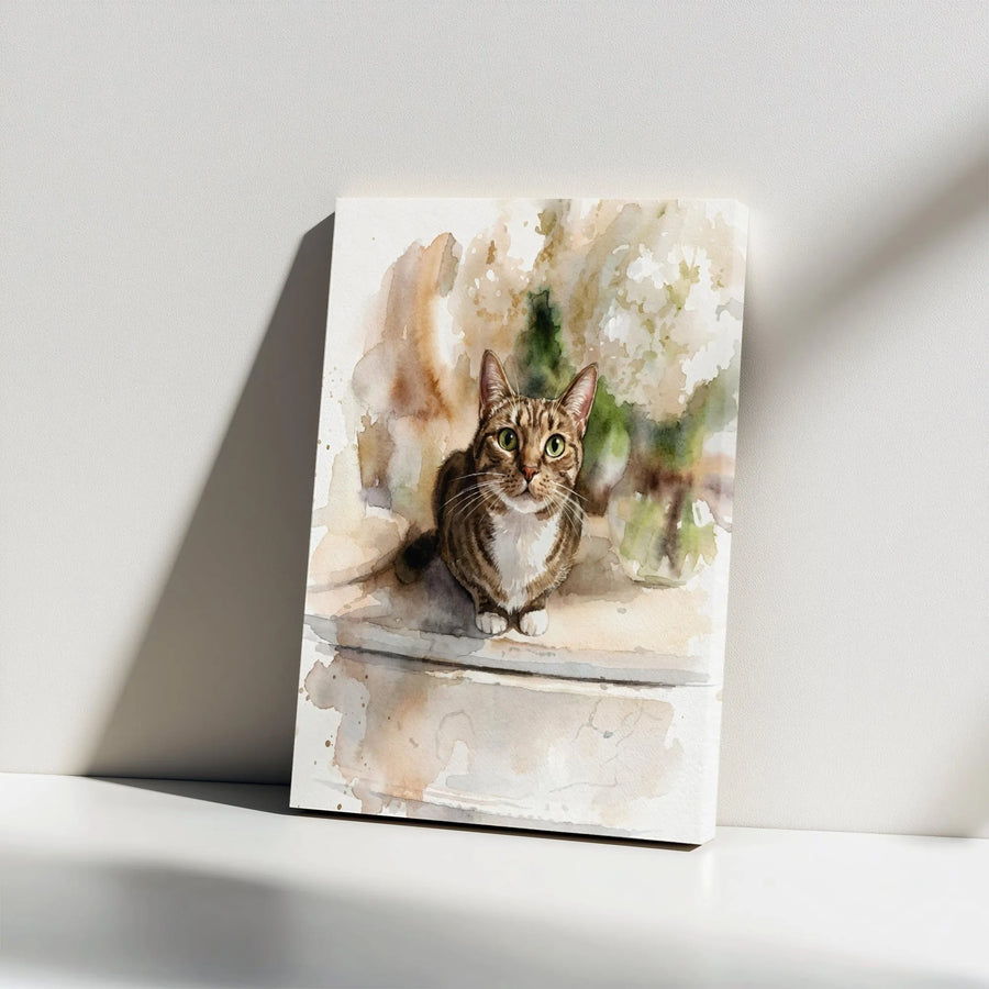 Watercolor Tabby Cat Canvas Print | Green Eye Kitten Wall Art | Gallery Wrapped Premium Decor | Pet Lover Gift Idea