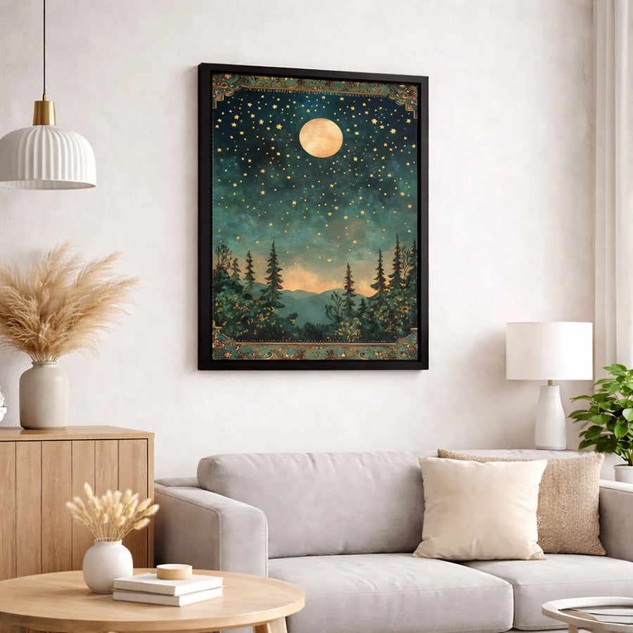 Celestial Night Sky Canvas Art | Ornate Gold Border Full Moon Landscape | Premium Gallery-Wrap Wall Decor | Whimsical Nature Lover Gift