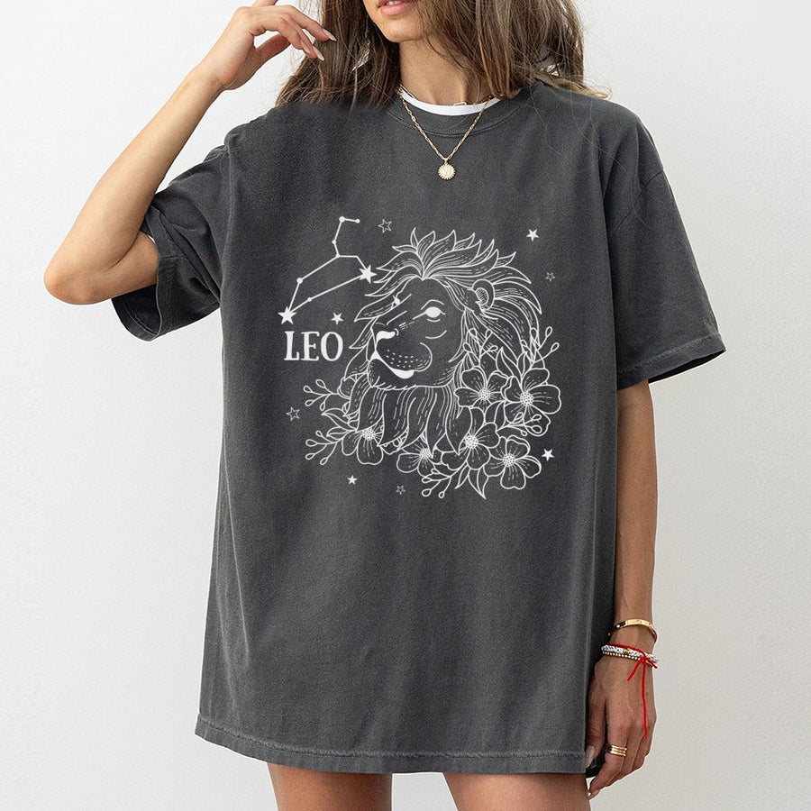 Leo Zodiac Constellation T-Shirt | Floral Lion Horoscope Line Art Graphic | 100% Cotton Premium Tee | Astrology Birthday Gift for Men and Women