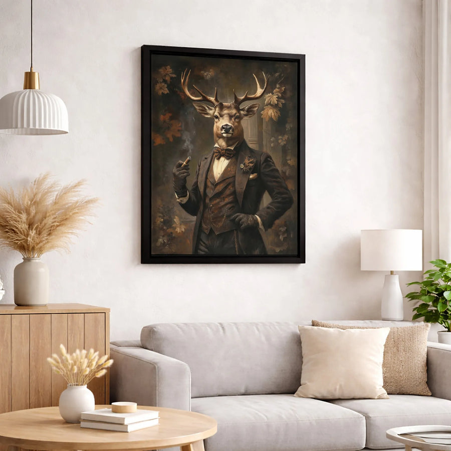 Gentleman Deer Wall Art | Anthropomorphic Stag in Suit Portrait | Premium Gallery Wrapped Canvas | Moody Home Office Decor Gift