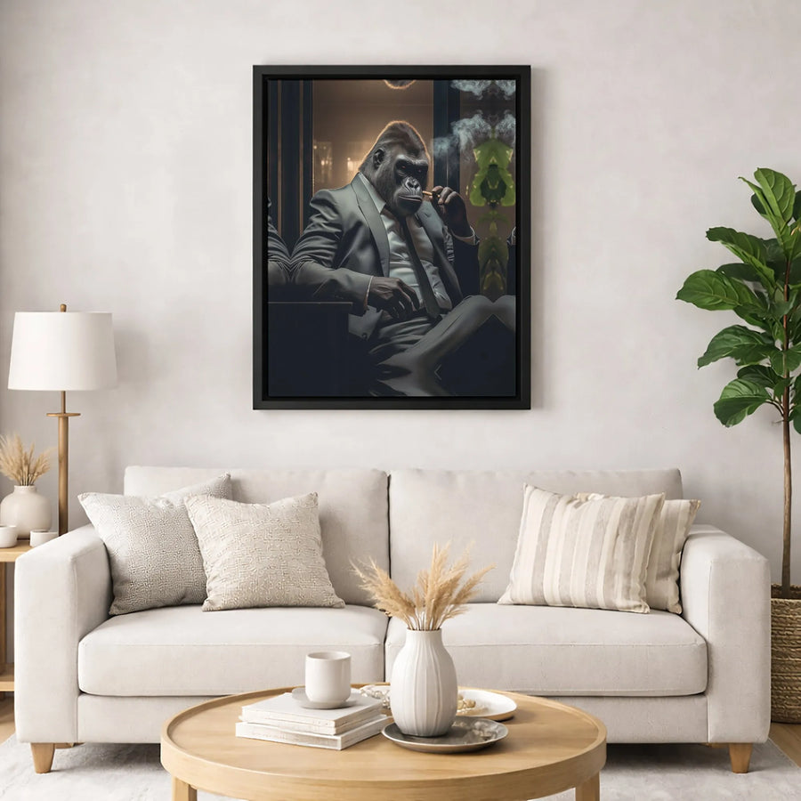 Gorilla Wall Art Canvas | Sophisticated Gorilla in Suit Smoking Cigar | Premium Gallery Wrap Print | Masculine Home Office Decor Gift