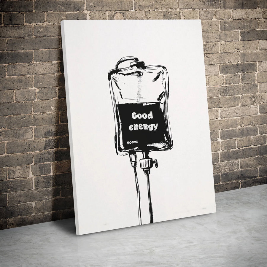 Good Energy IV Drip Bag Canvas Art | Black and White Sketch Print | Premium Gallery Wrap Wall Decor | Motivational Office and Home Wall Art Gift