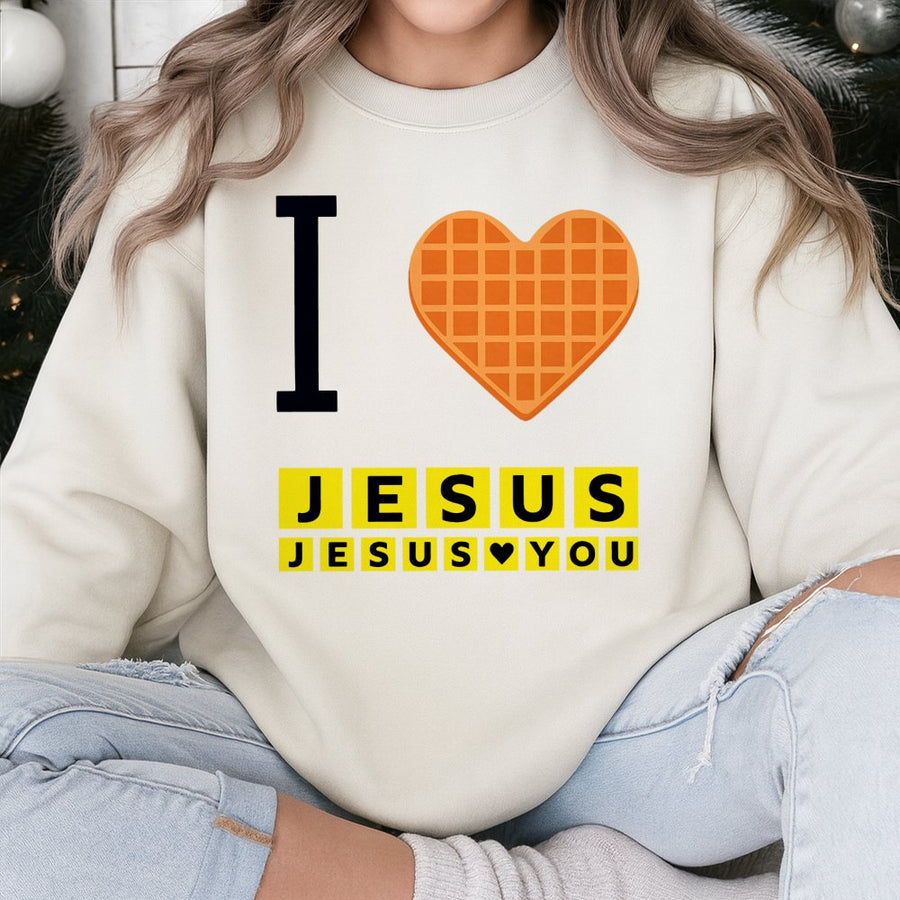 I Love Jesus Waffle Heart Sweatshirt | Funny Christian Breakfast Graphic | Soft Cotton Blend Unisex Top | Religious Gift for Men and Women