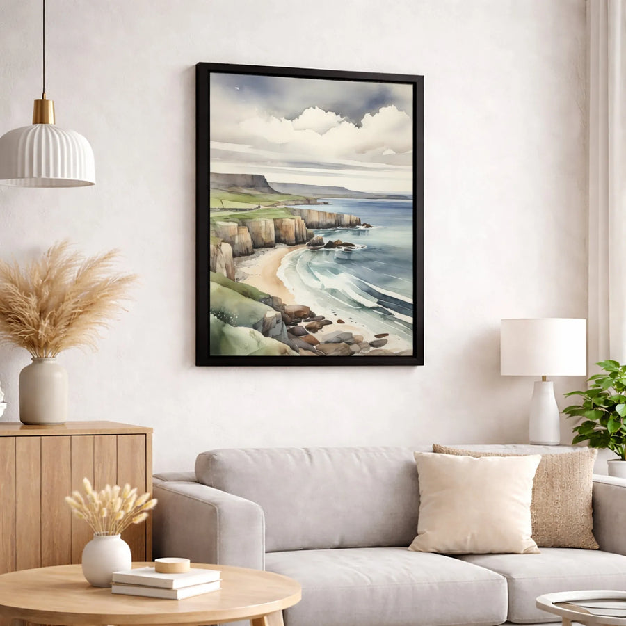 Coastal Cliff Seascape Canvas Print | Watercolor Ocean Landscape Wall Art | Premium Fade-Resistant Gallery Wrap | Modern Beach Home Decor Gift