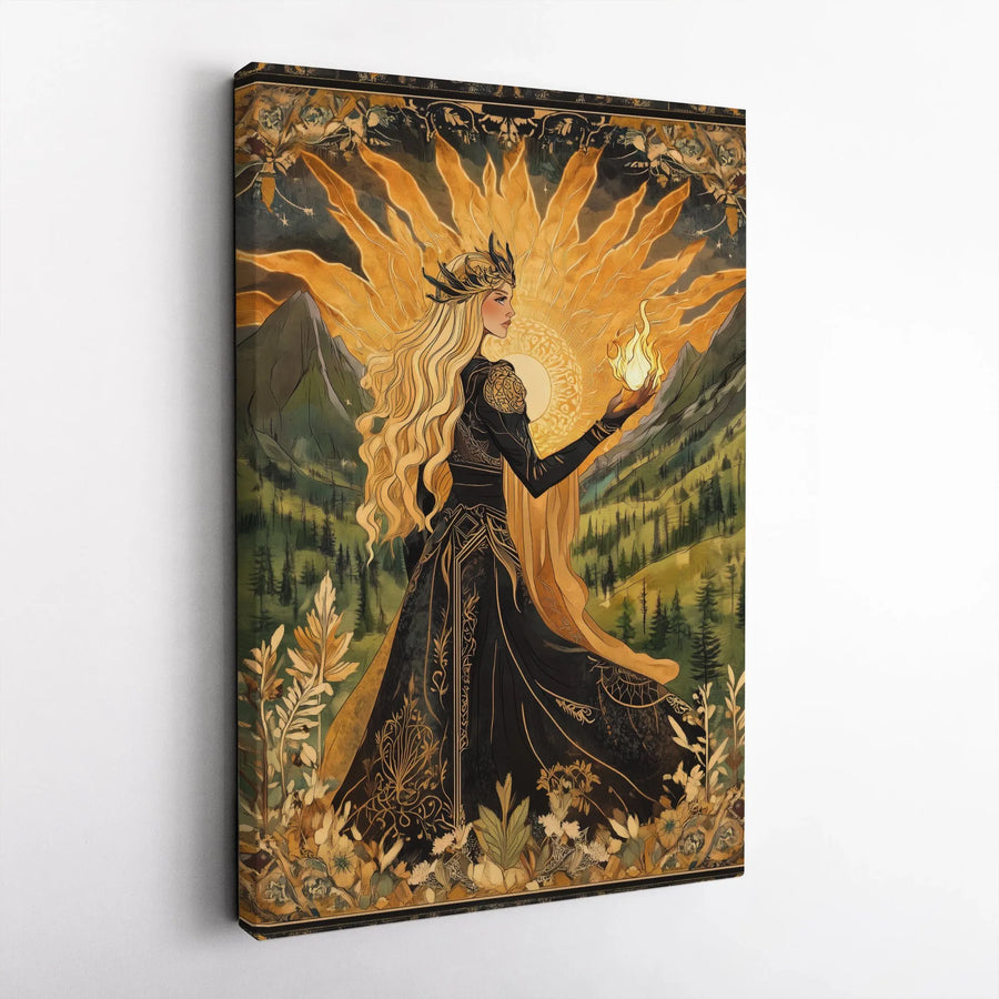 Sun Goddess Wall Art | Fantasy Art Nouveau Flame Print | Premium 1.25-Inch Gallery Canvas | Mythical Forest Decor for Home