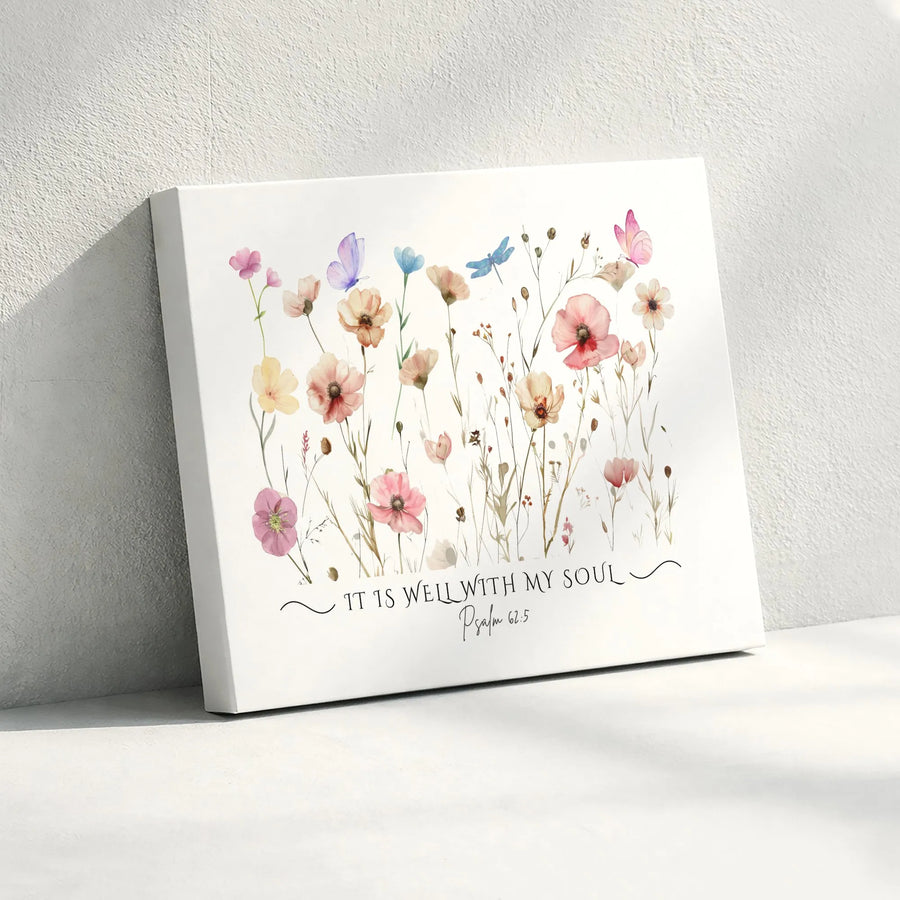 Psalm 62:5 Christian Wall Art | Watercolor Wildflower 'It Is Well With My Soul' Print | Premium Gallery Canvas | Religious Home Decor & Inspirational Gift
