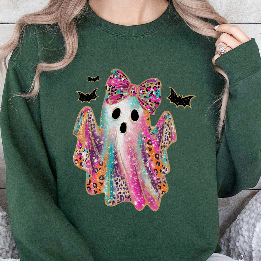 Colorful Leopard Bow Ghost Sweatshirt | Glitter Spooky Aesthetic | Premium Cotton Blend | Cute Halloween Fall Gift for Women