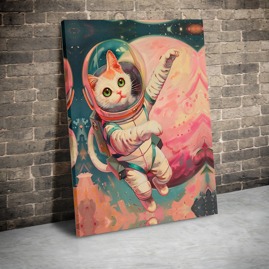 Astronaut Cat Canvas Wall Art | Whimsical Kitten in Spacesuit Painting | Premium Gallery Wrapped Canvas | Nursery Decor Funny Cat Lover Gift