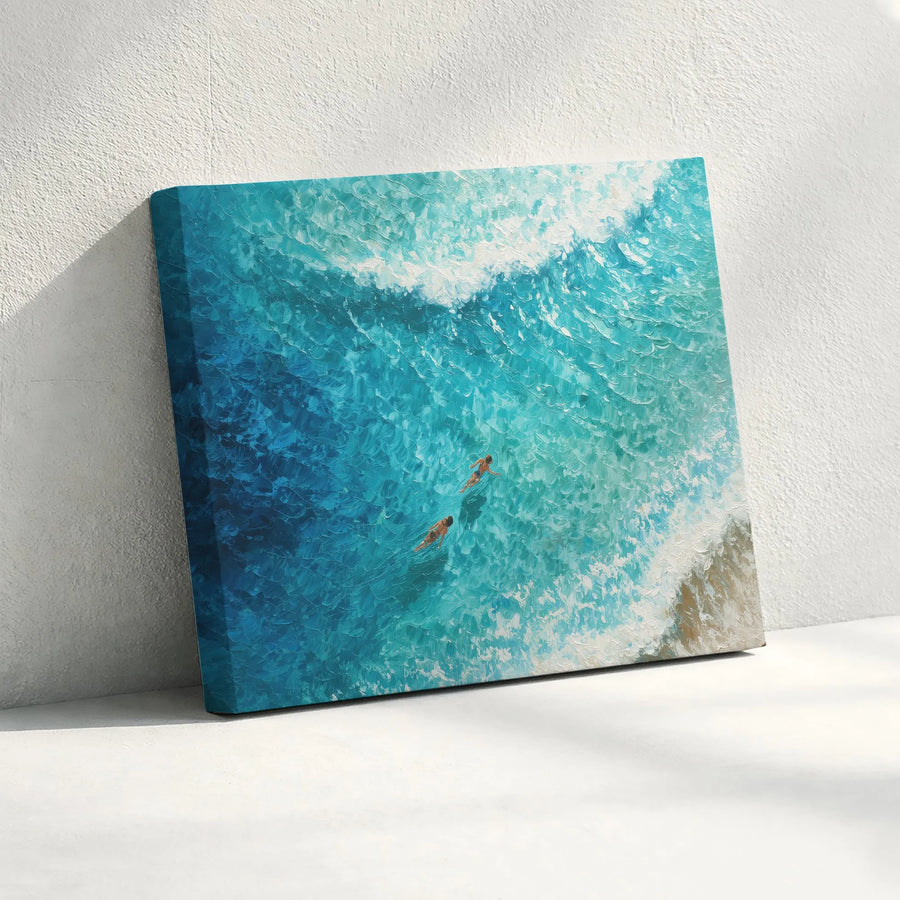 Ocean Swimming Canvas Print | Textured Aerial Ocean Painting | Premium Gallery Wrap Canvas | Coastal Home Decor Gift for Beach Lovers