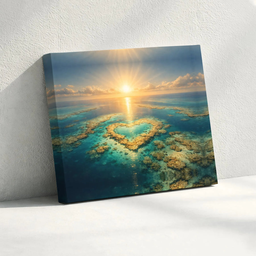 Heart Reef Canvas Wall Art | Tropical Sunset Over Coral Sea | Premium Gallery Wrapped Canvas | Romantic Gift for Coastal Home Decor
