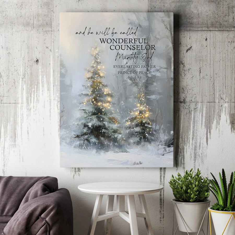 Isaiah 9:6 Bible Verse Canvas Wall Art | Snowy Christmas Tree Religious Print | Premium Gallery Wrap Decor | Inspirational Christian Home Gift