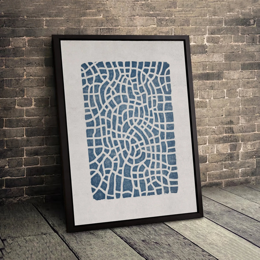 Abstract Blue Grid Canvas Print | Modern Geometric Linocut Art | 1.25-Inch Gallery Wrapped Wall Decor | Minimalist Home Office Statement Piece