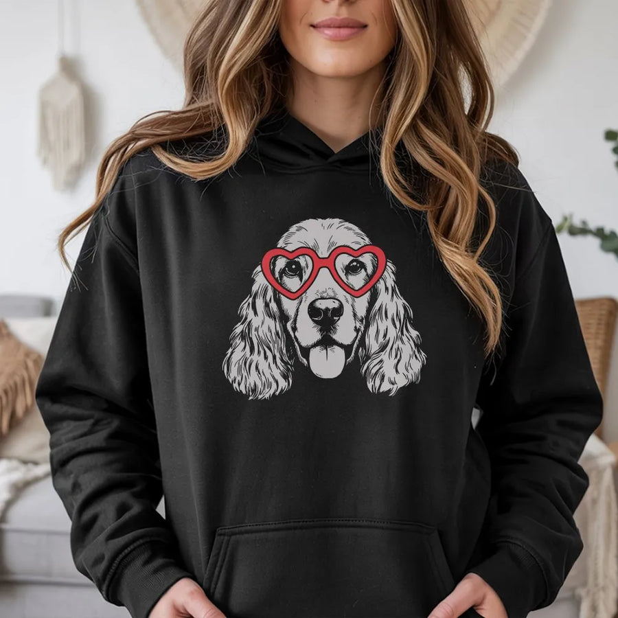 Cocker Spaniel Hoodie | Heart Glasses Puppy Graphic | Premium Cotton Blend | Dog Mom Valentine Gift Idea