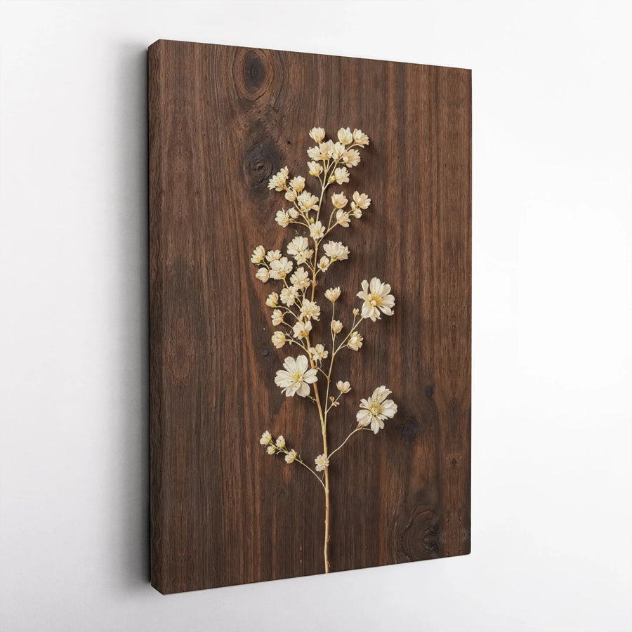 White Wildflower Canvas Art | Rustic Dark Wood Botanical Wall Decor | Fade-Resistant Premium Gallery Wrap | Nature Inspired Gift for Home Office