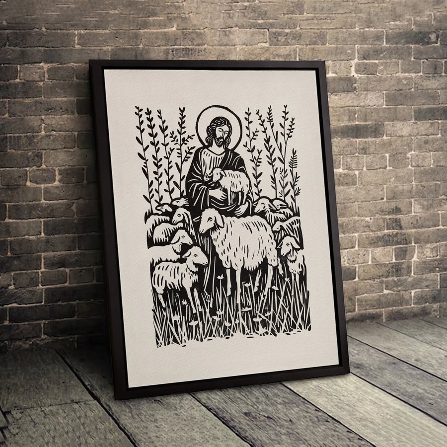 Jesus The Good Shepherd Canvas | Linocut Style Christian Wall Art | Premium Gallery Wrapped Print | Religious Home Decor Gift for Believers