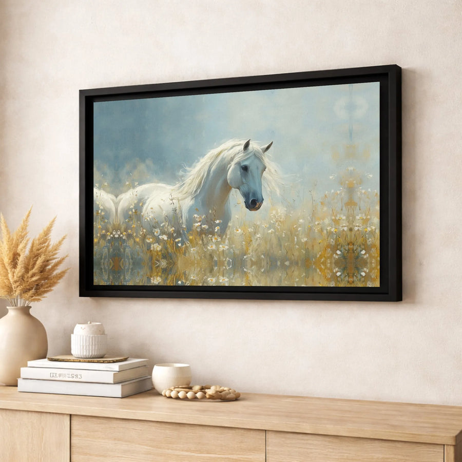 White Horse Canvas Wall Art | Majestic Equestrian Meadow Landscape | Premium Gallery Wrapped Print | Nature Home Decor Gift For Horse Lovers