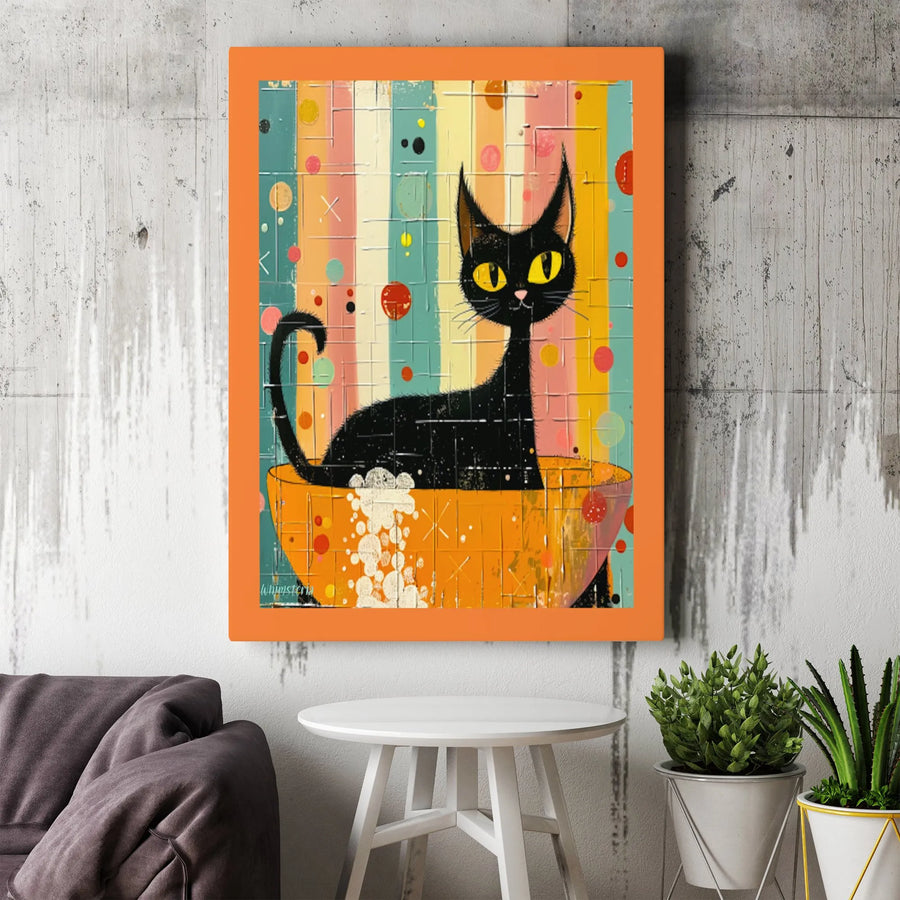 Whimsical Black Cat Wall Art | Mid Century Modern Bathing Cat Canvas | Gallery Wrap 1.25 Inch Profile | Cat Lover Gift Home Decor