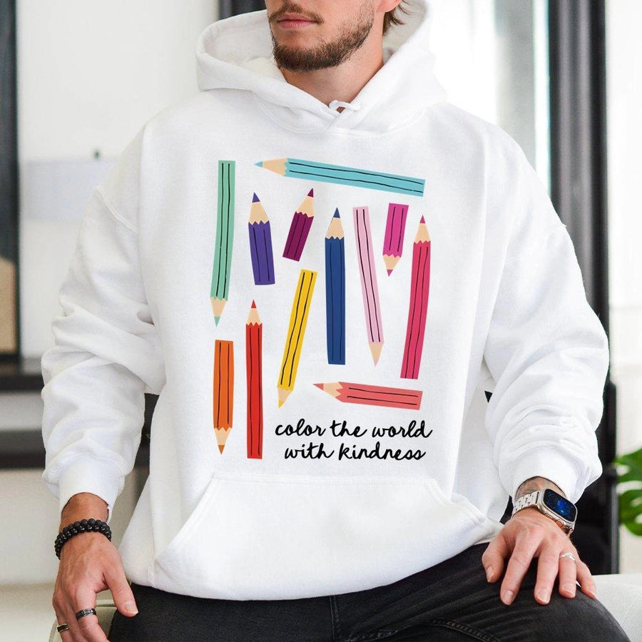 Color The World With Kindness Hoodie | Cute Art Teacher Gift | Premium Cotton Blend Pullover | Kindergarten Teacher Appreciation Shirt