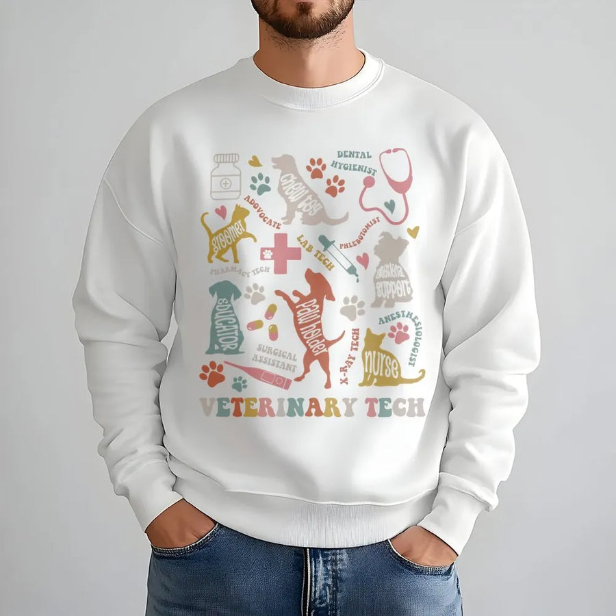 Veterinary Technician Sweatshirt | Retro Vet Tech Graphic Design | Premium Cotton Blend Crewneck | Cute Animal Lover Gift For Vet Staff