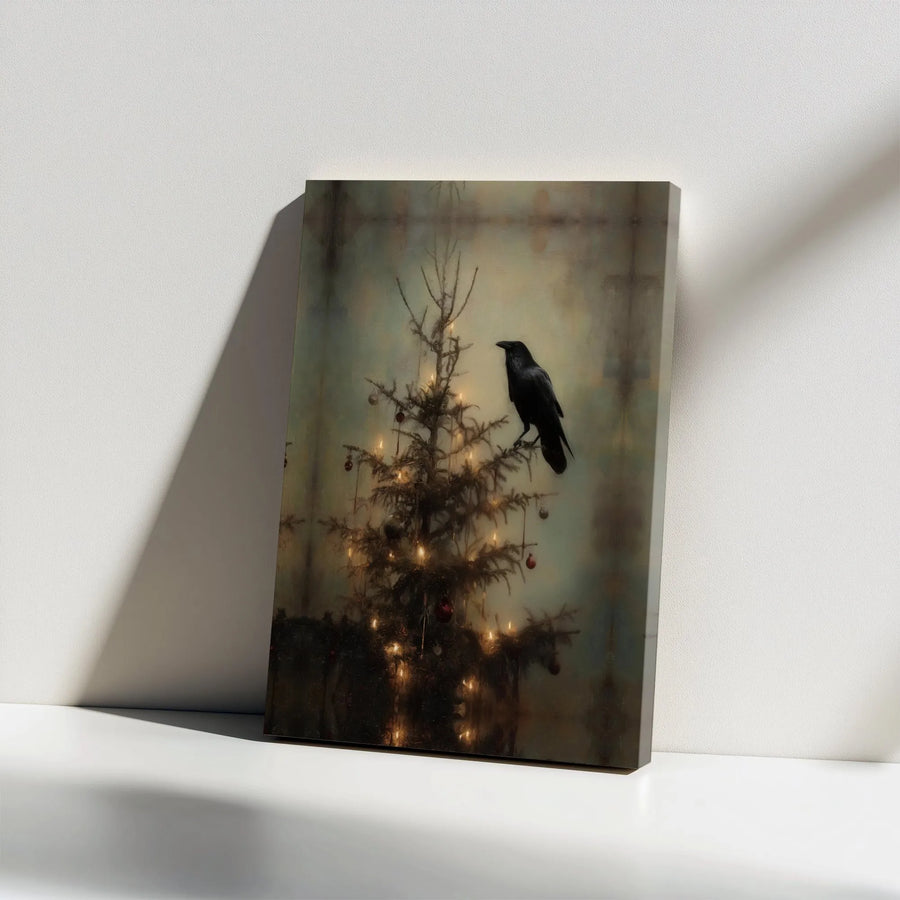 Gothic Christmas Tree Canvas Art | Dark Academia Raven Wall Decor | Premium Stretched Gallery Wrap | Unique Spooky Holiday Gift for Home