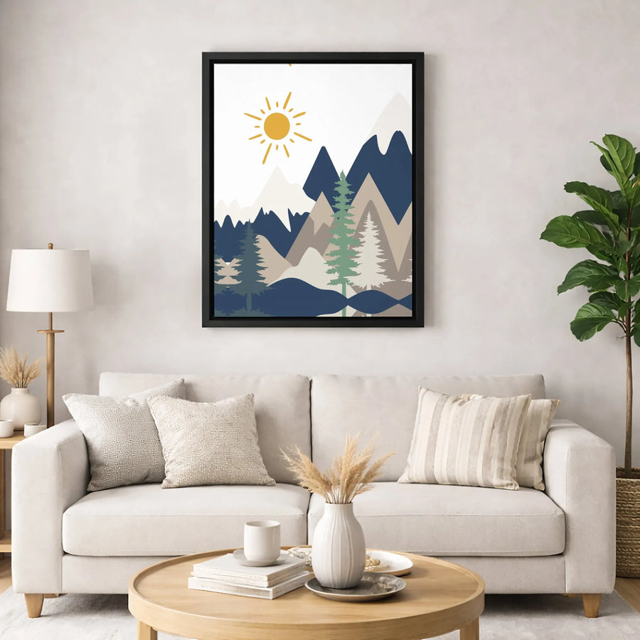 Mid-Century Modern Mountain Canvas Art | Minimalist Pine Forest Wall Decor | Premium Fade-Resistant Print | Geometric Nature Landscape Gift