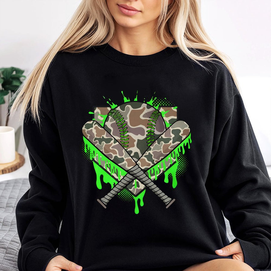 Camo Baseball Sweatshirt | Neon Green Drip Design | Cotton Blend Crewneck | Unisex Sports Apparel Gift for Baseball Players and Fans