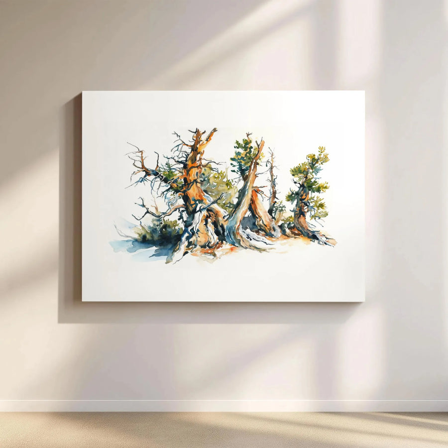 Ancient Bristlecone Pine Tree Wall Art | Watercolor Forest Landscape Painting | Premium Gallery Canvas | Nature Lover Gift & Home Decor