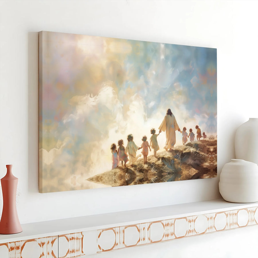 Jesus Leading Children To Heaven Canvas | Christian Religious Wall Art | Premium 1.25-Inch Gallery Wrap | Spiritual Home Decor Gift