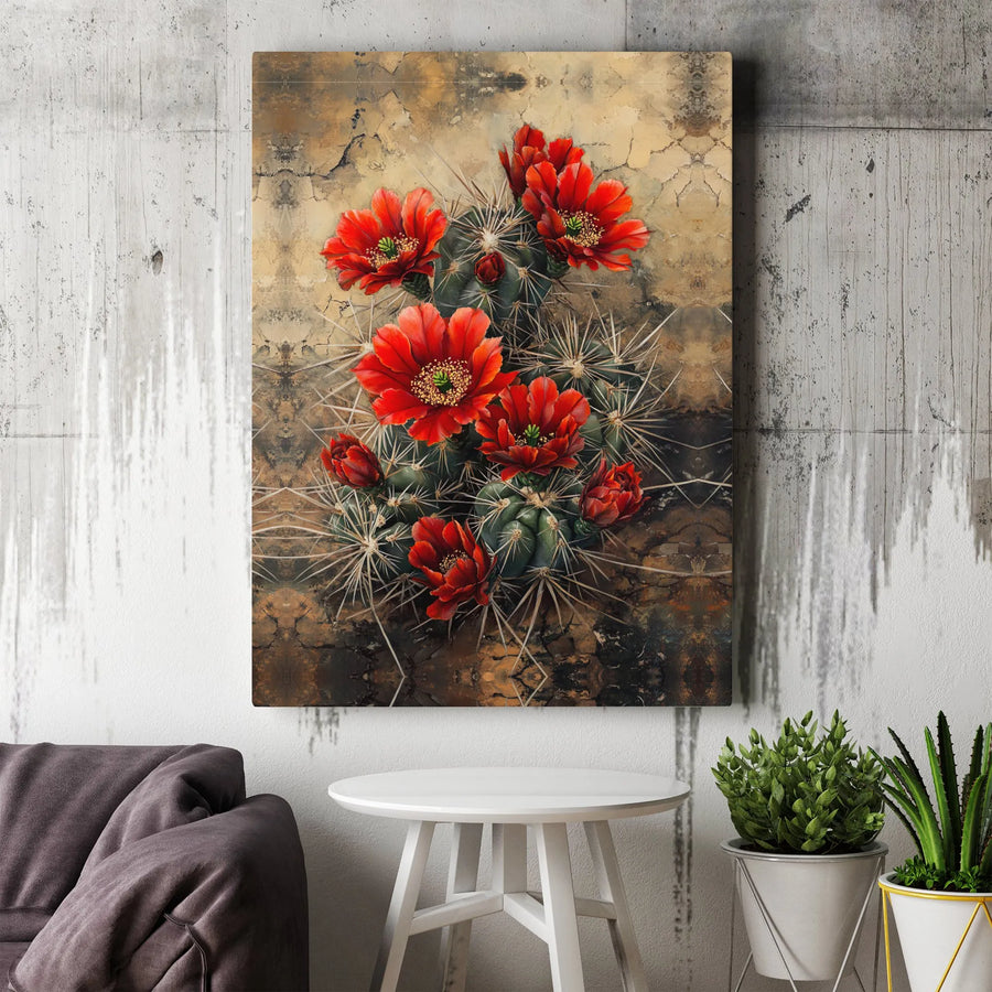 Blooming Cactus Wall Art | Vibrant Red Desert Flower Painting | Premium Gallery-Wrapped Canvas | Botanical Home Decor for Living Room